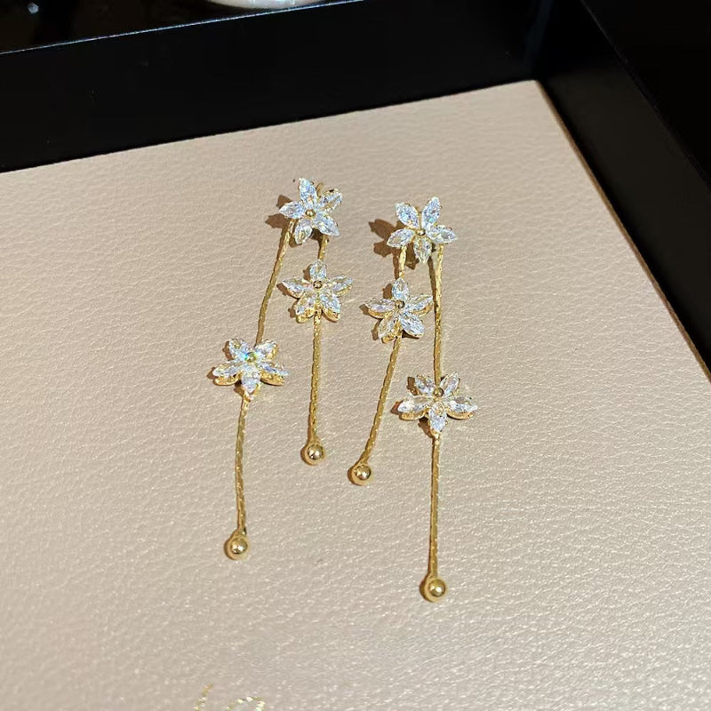 Three-Flower Diamond Long Tassel Drop Earrings, Elegant Slimming Face Chain Dangle Earrings for Women