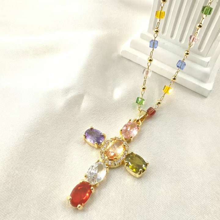 Colorful Multi‑Gem & Diamond Cross Pendant Necklace, Vibrant Rainbow Beaded Chain Statement Necklace