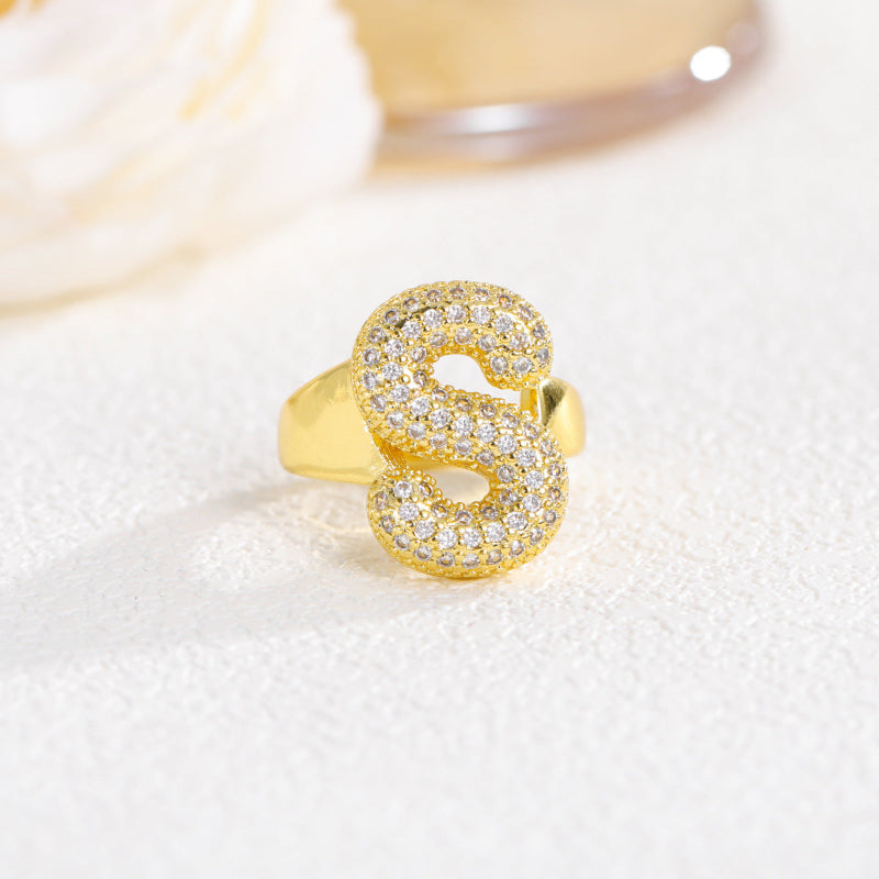 Adjustable Open Iced‑Out Initial Letter Diamond Ring, 26‑Alphabet Statement Unique Style Ring