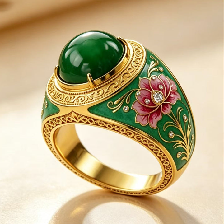 Vintage Enamel Lotus Green Cabochon Statement Ring For Women