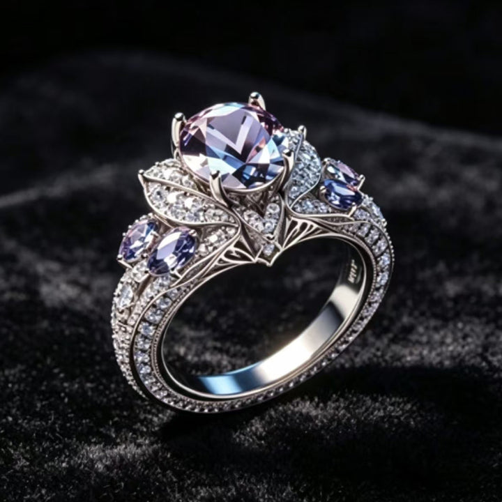Vintage Ornate Blue‑Tone Diamond Halo Ring, Luxury Women’s Statement Ring