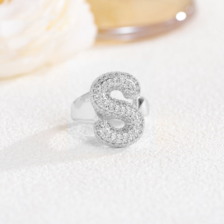 Adjustable Open Iced‑Out Initial Letter Diamond Ring, 26‑Alphabet Statement Unique Style Ring
