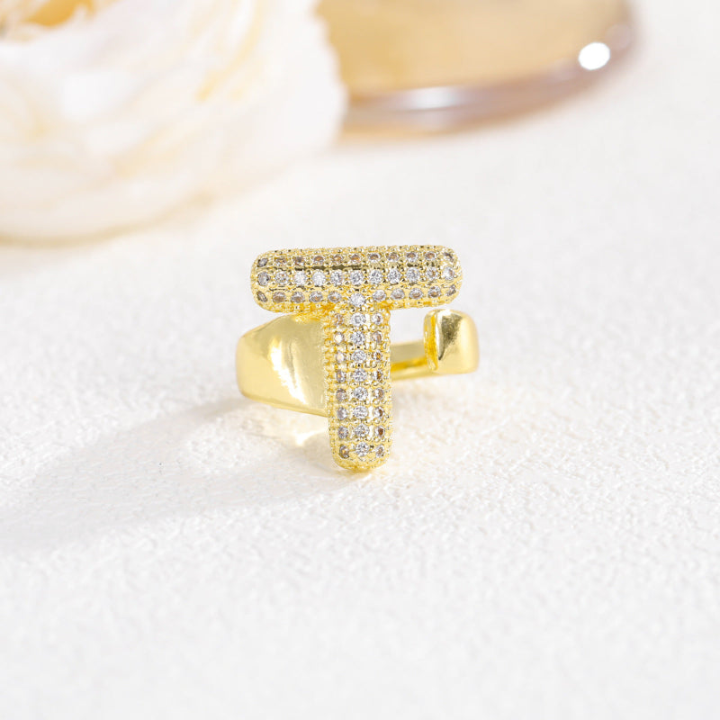 Adjustable Open Iced‑Out Initial Letter Diamond Ring, 26‑Alphabet Statement Unique Style Ring
