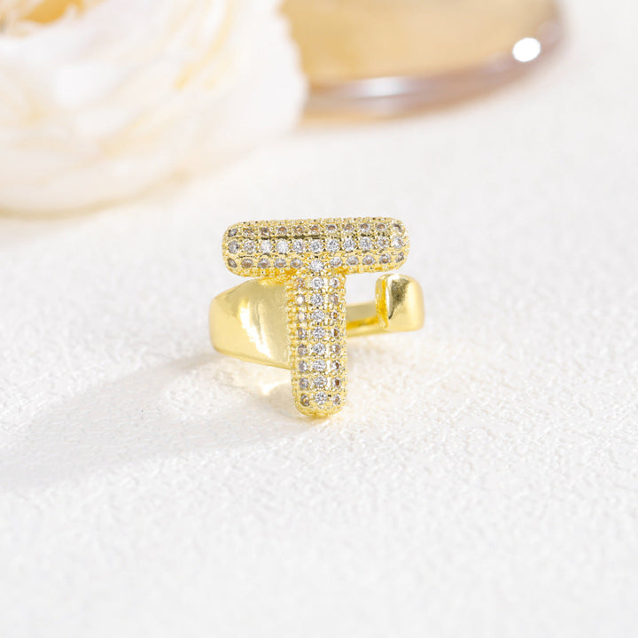 Adjustable Open Iced‑Out Initial Letter Diamond Ring, 26‑Alphabet Statement Unique Style Ring