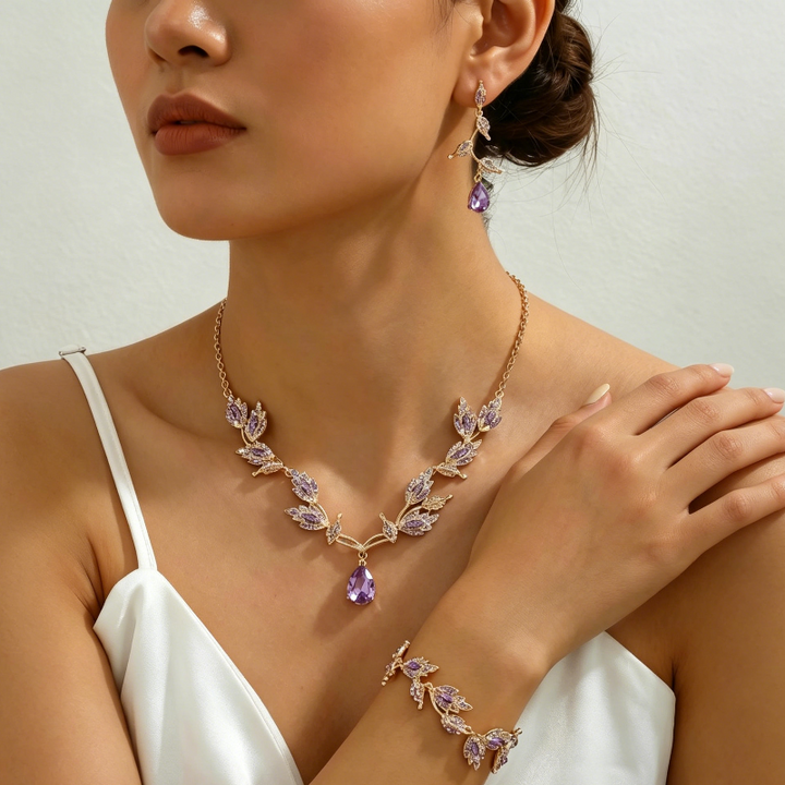 Leaf Teardrop DiamondsJewelry Set, 4-Piece Wedding Party Necklace Earrings Bracelet Kit