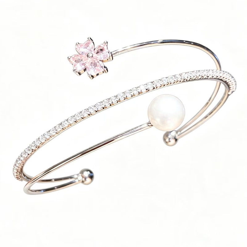 Pink Flower Diamond & Pearl Double Layer Open Cuff Bangle, Elegant Stackable Wrist Bracelet for Women