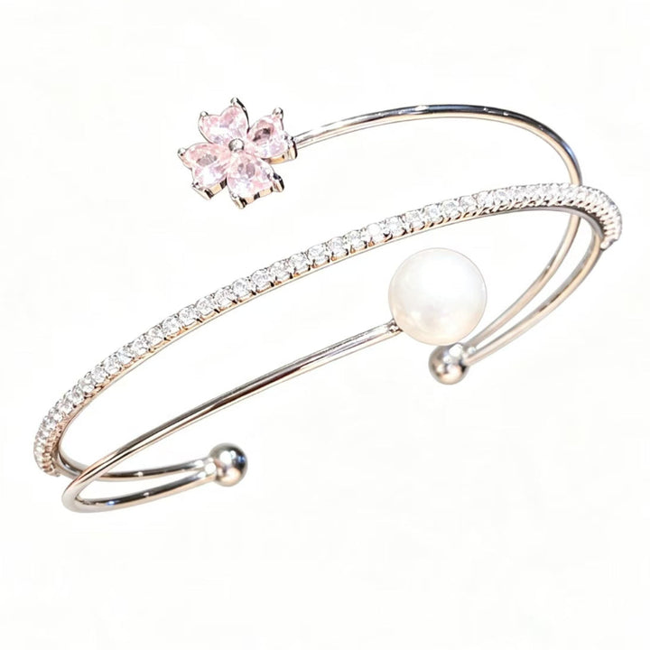 Pink Flower Diamond & Pearl Double Layer Open Cuff Bangle, Elegant Stackable Wrist Bracelet for Women