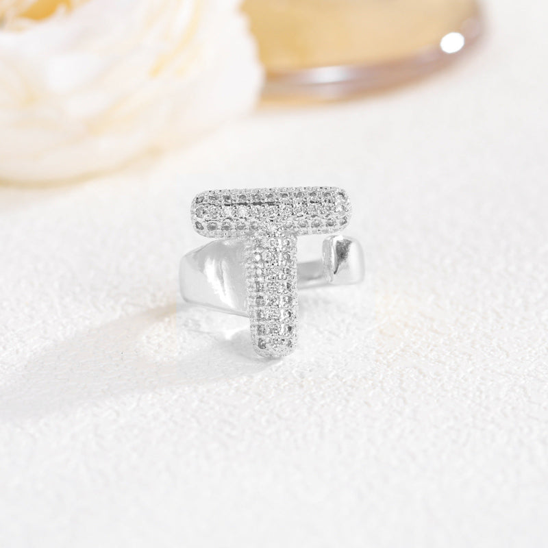 Adjustable Open Iced‑Out Initial Letter Diamond Ring, 26‑Alphabet Statement Unique Style Ring