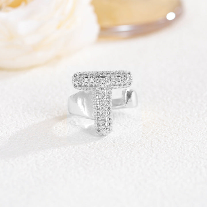 Adjustable Open Iced‑Out Initial Letter Diamond Ring, 26‑Alphabet Statement Unique Style Ring