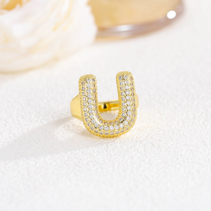 Adjustable Open Iced‑Out Initial Letter Diamond Ring, 26‑Alphabet Statement Unique Style Ring