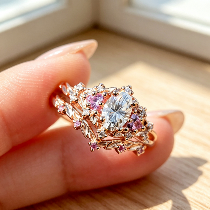 Rose Gold Floral Diamond Stackable Ring Set, Minimalist &amp; Stylish Ring