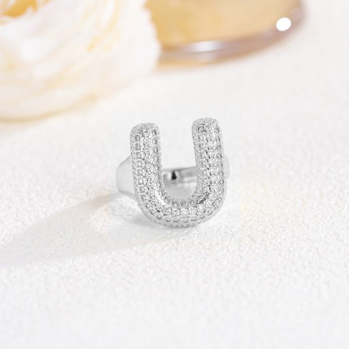 Adjustable Open Iced‑Out Initial Letter Diamond Ring, 26‑Alphabet Statement Unique Style Ring