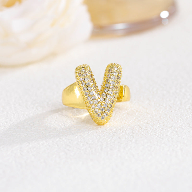 Adjustable Open Iced‑Out Initial Letter Diamond Ring, 26‑Alphabet Statement Unique Style Ring