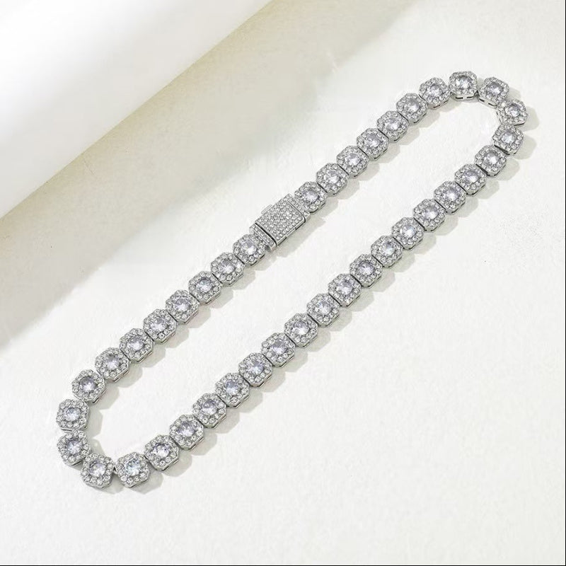 Unisex Cushion Square Halo Diamond Tennis Choker Necklace, Luxury Hip Hop Statement Collar Jewelry