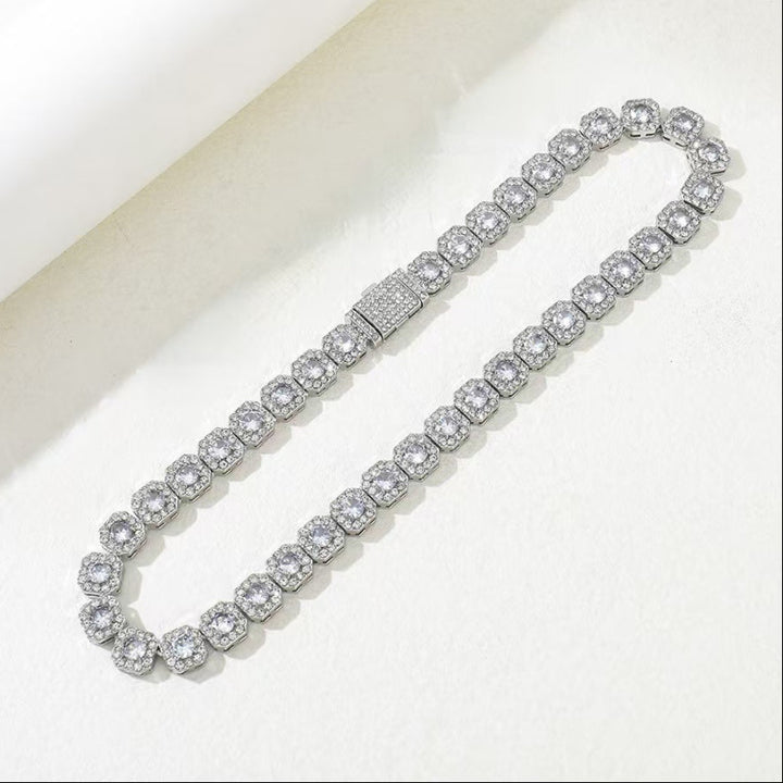Unisex Cushion Square Halo Diamond Tennis Choker Necklace, Luxury Hip Hop Statement Collar Jewelry