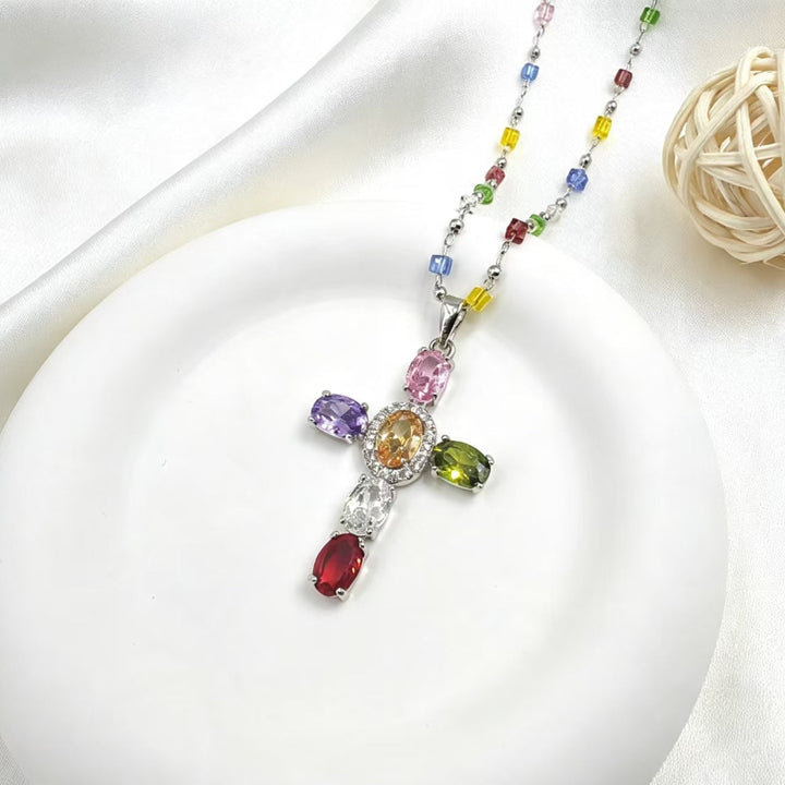 Colorful Multi‑Gem & Diamond Cross Pendant Necklace, Vibrant Rainbow Beaded Chain Statement Necklace