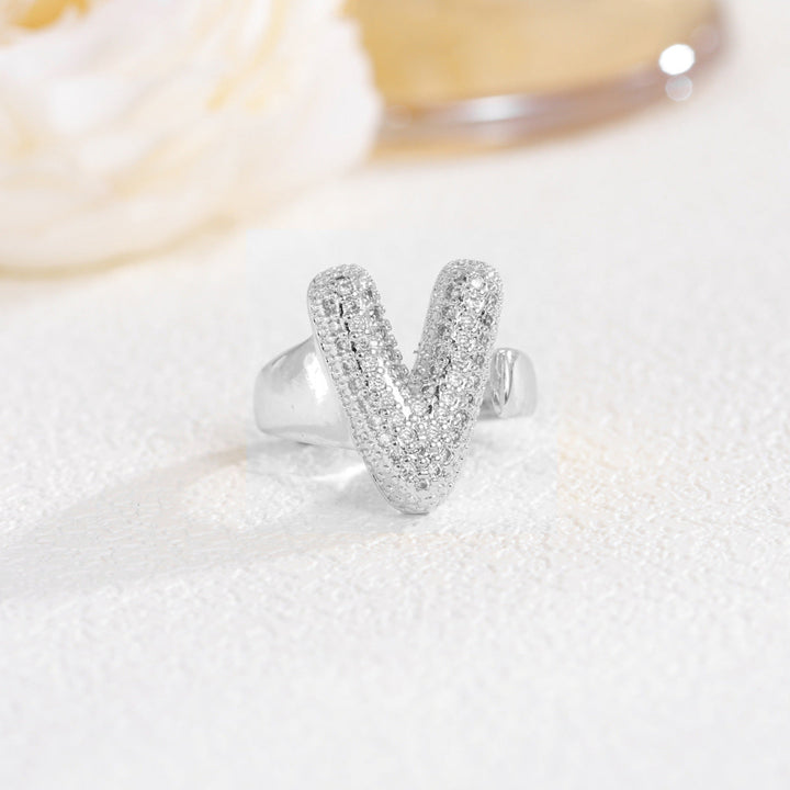 Adjustable Open Iced‑Out Initial Letter Diamond Ring, 26‑Alphabet Statement Unique Style Ring