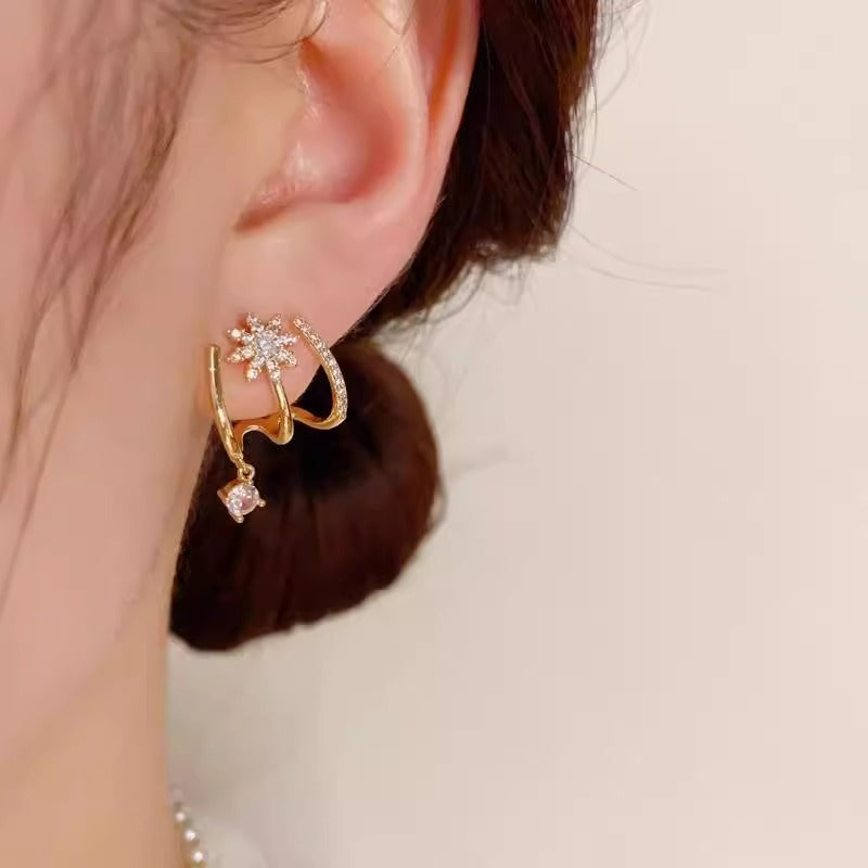 Luxury Minimalist Super Sparkling Eight-Pointed Star Earrings, Multi‑Band Design With Dangling Diamond Drop