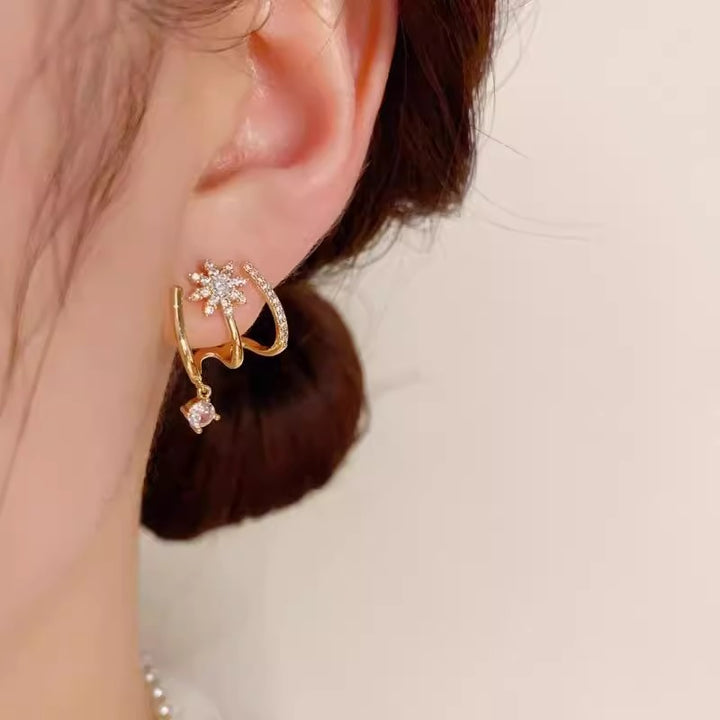 Luxury Minimalist Super Sparkling Eight-Pointed Star Earrings, Multi‑Band Design With Dangling Diamond Drop