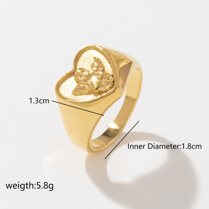 18K Gold Heart Cherub Signet Ring, Vintage Embossed Angel Love Statement Ring