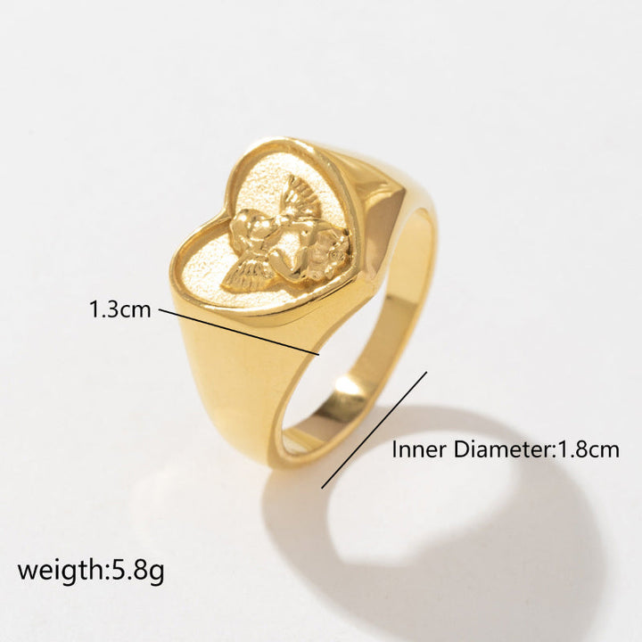 18K Gold Heart Cherub Signet Ring, Vintage Embossed Angel Love Statement Ring