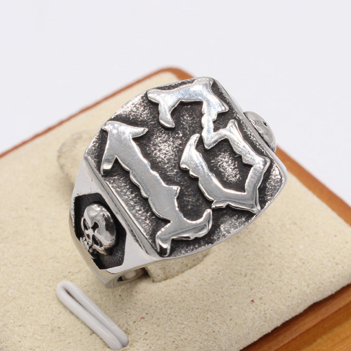 Vintage Carved Skull Side Signet Ring, Retro Biker Punk Men’s Statement Ring