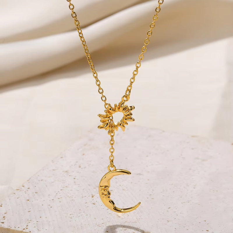 Sun & Engraved Face Moon Lariat Drop Necklace, Gold Silver Celestial Matching Couple Best Friend Layer Pendant