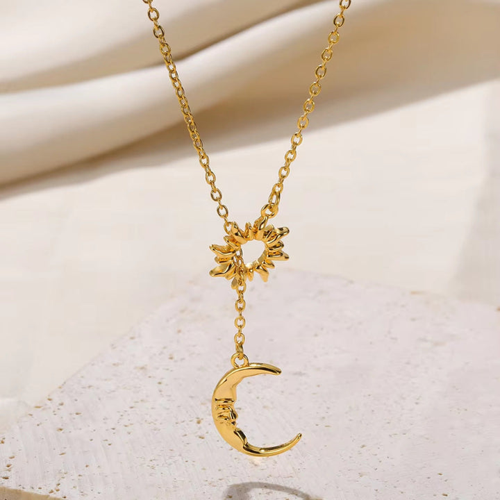 Sun & Engraved Face Moon Lariat Drop Necklace, Gold Silver Celestial Matching Couple Best Friend Layer Pendant