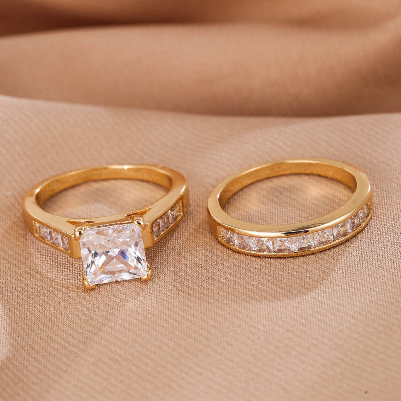 4-Prong Princess Cut Stack Bridal Ring Set, Channel Side Stone Yellow Gold & Silver Classic Wedding Ring