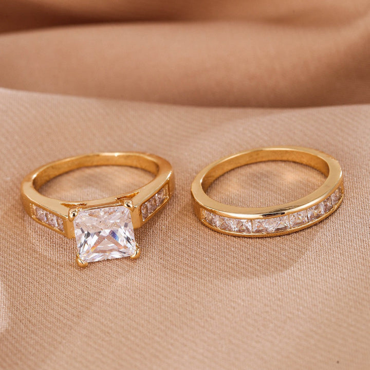 4-Prong Princess Cut Stack Bridal Ring Set, Channel Side Stone Yellow Gold & Silver Classic Wedding Ring