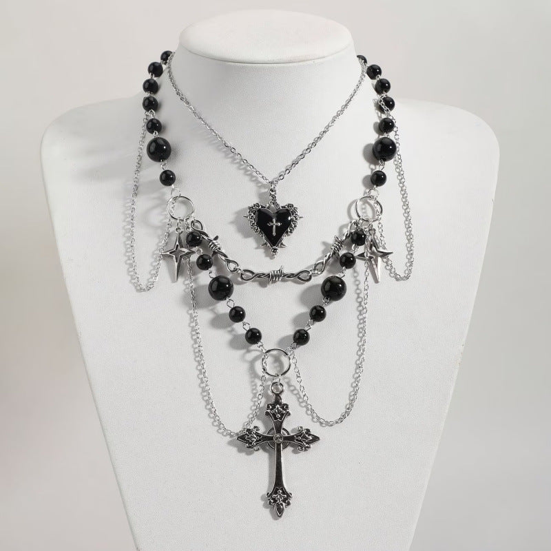 Dark-style multi-layer beaded necklace with cross pendants, Gothic Necklace for Women