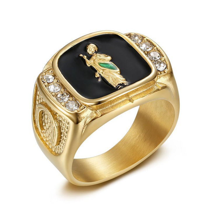 Vintage Enamel Embossed Figure Signet Ring with Side‑Set Diamonds, Men’s Statement Ring