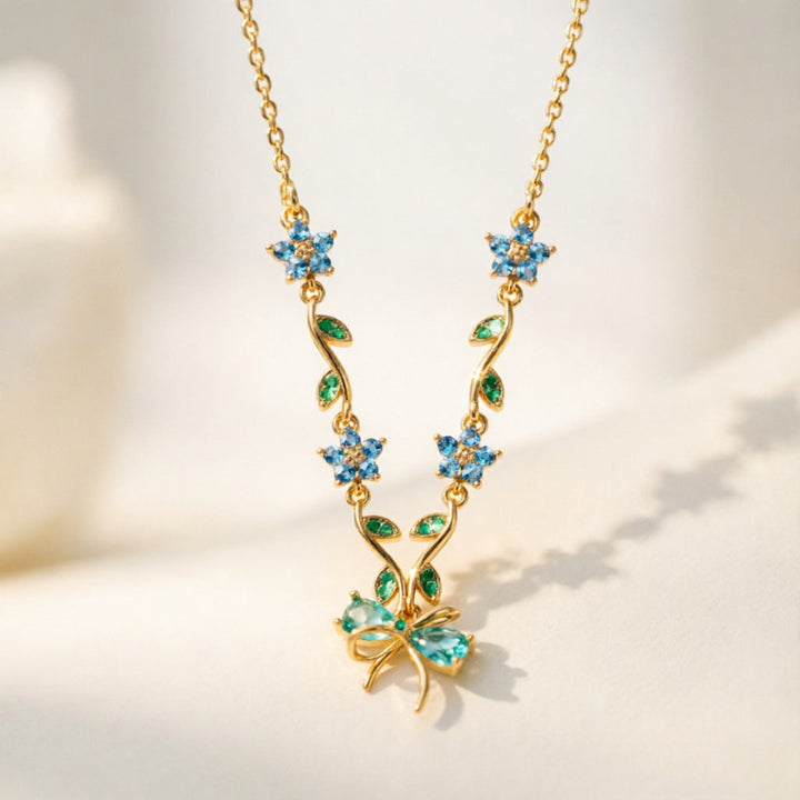 Vine Floral Bow Diamond Gold Necklace, 3 Pastel Tone Dainty Romantic Collarbone Chain