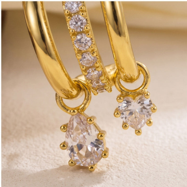 Multi‑Layer Hoop Teardrop Earrings, Two‑Tone Gold Tone With Sparkling Dangling Diamond Charms