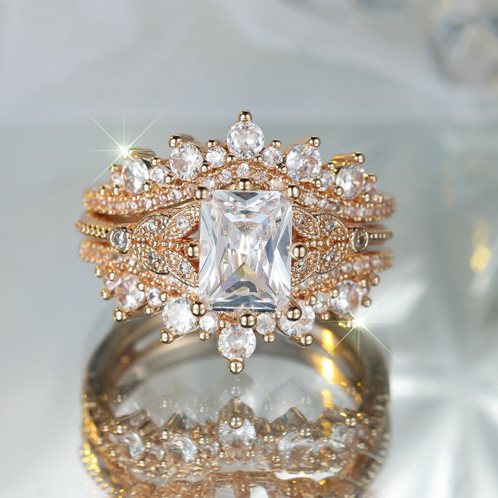 Radiant-Cut Champagne Gold and White Diamond V-Shaped Nesting Ring Set for Women