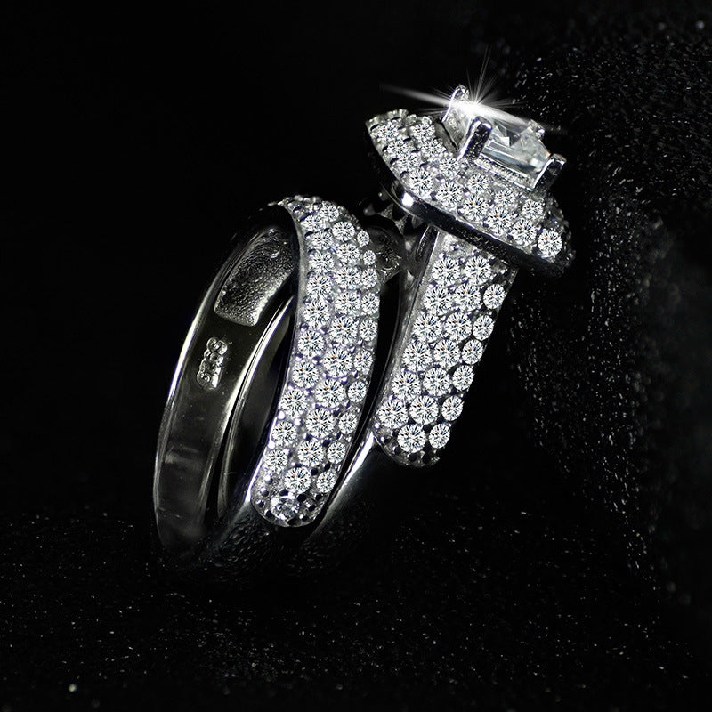 Princess Cut Double Halo Full Pave Silver Bridal Stack Ring Set For Engagement Proposals & Wedding