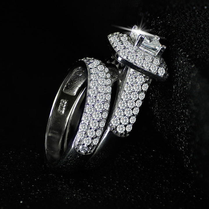 Princess Cut Double Halo Full Pave Silver Bridal Stack Ring Set For Engagement Proposals & Wedding