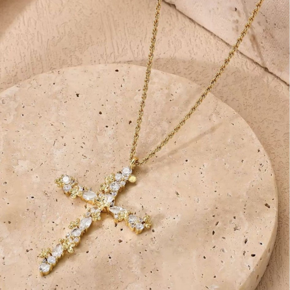S925 &amp; 14K Floral Cross Diamond Rope Chain Necklace, Perfect Gift Choice For Women