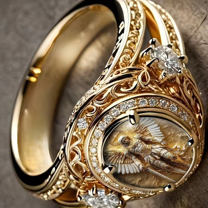 Vintage Archangel Michael Engraved Gold Ring, Ornate Filigree Diamond Statement Ring