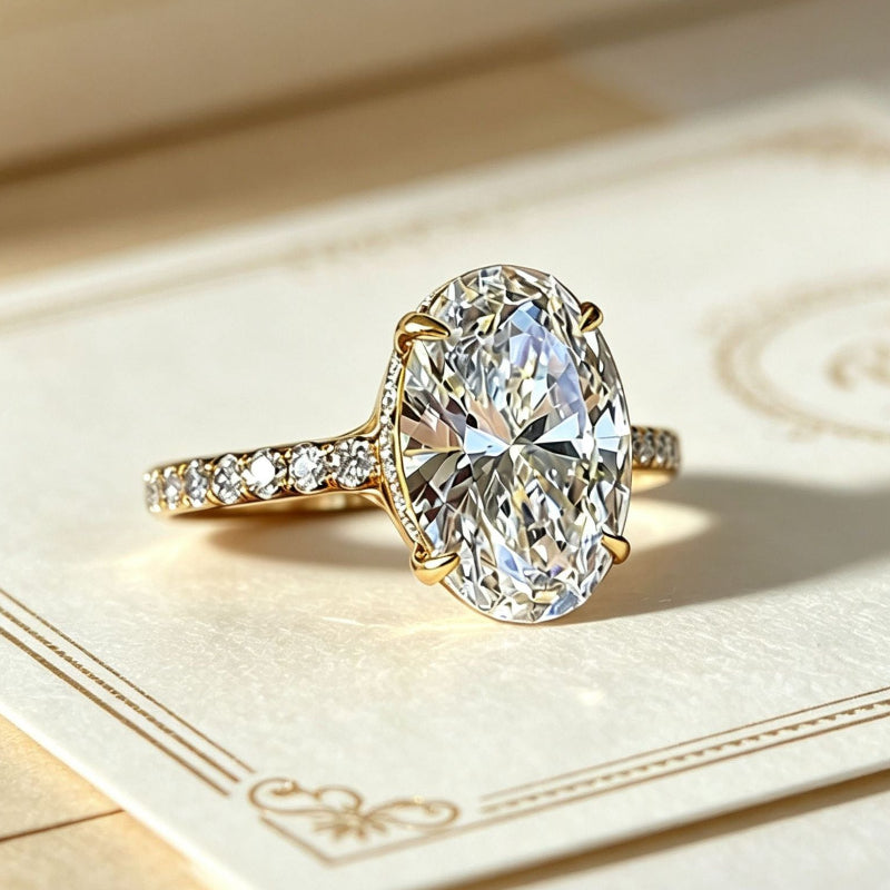 4-Prong Oval Diamond Pave Band Engagement Ring, Gold Silver Dainty Bridal Statement Ring