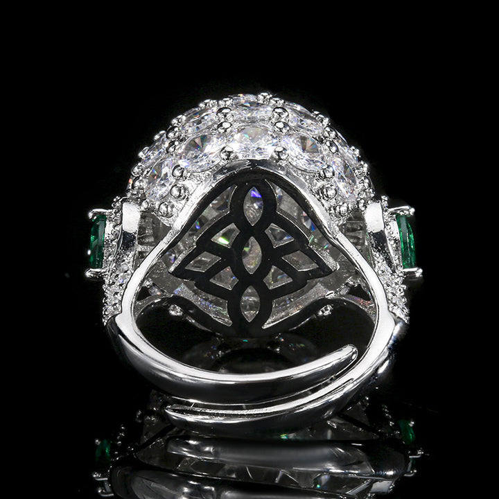 3D Sphere Full Pave Diamond Open Ring, Emerald Accent Luxury Adjustable Cocktail Band
