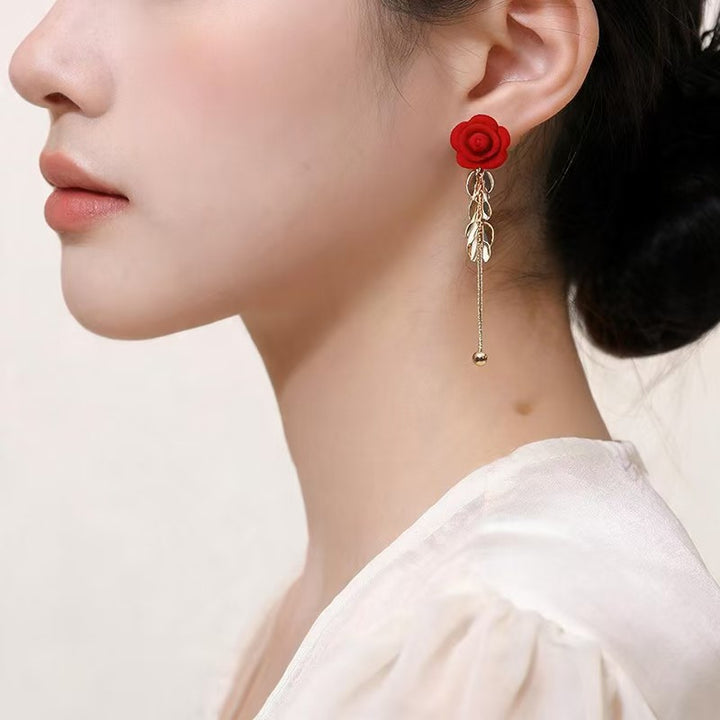 Romantic Red Rose Drop Earrings, Long Tassel Leaf Dangle Earrings for Women Party Jewelry