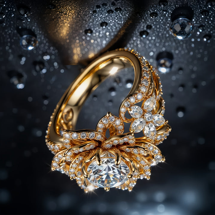 Luxurious Diamond-Encrusted Lotus Ring, Ornate 14K Gold‑Tone Halo Statement Cocktail Ring