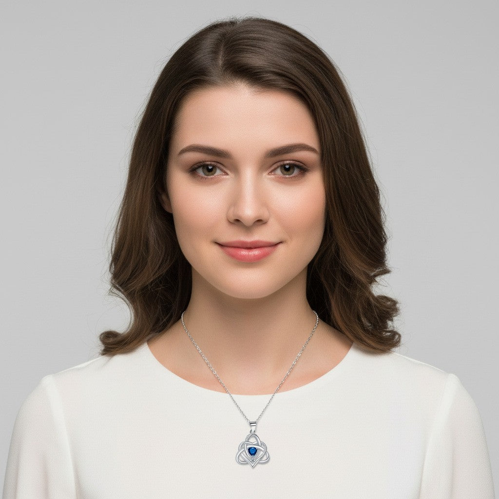 S925 Silver Celtic Knot Heart Pendant Necklace, Multi‑Color Gemstone Options