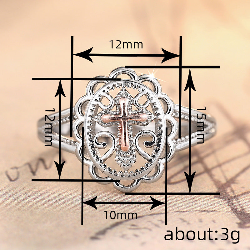 Vintage Hollow Cross Statement Ring, Elegant Two Tone Design For Women Daily Wear Gift