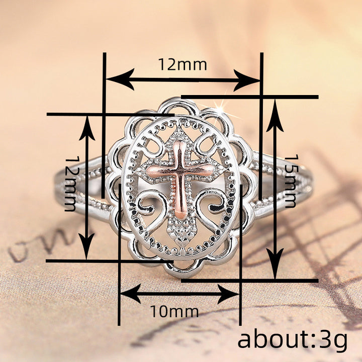 Vintage Hollow Cross Statement Ring, Elegant Two Tone Design For Women Daily Wear Gift