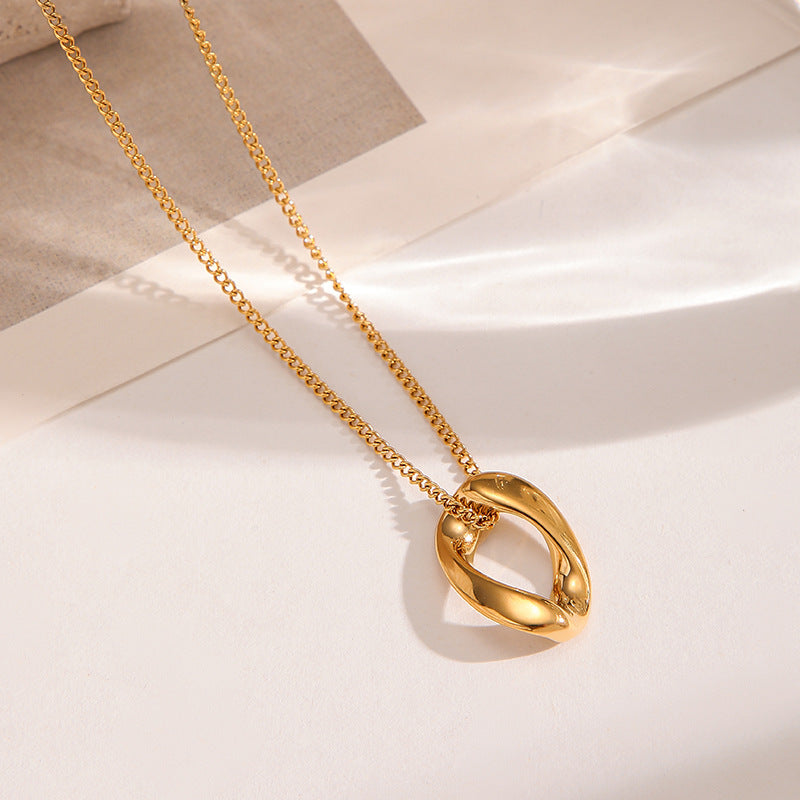 Twisted Hollow Oval Gold Pendant Necklace, Minimal Quiet Luxury Collarbone Chain