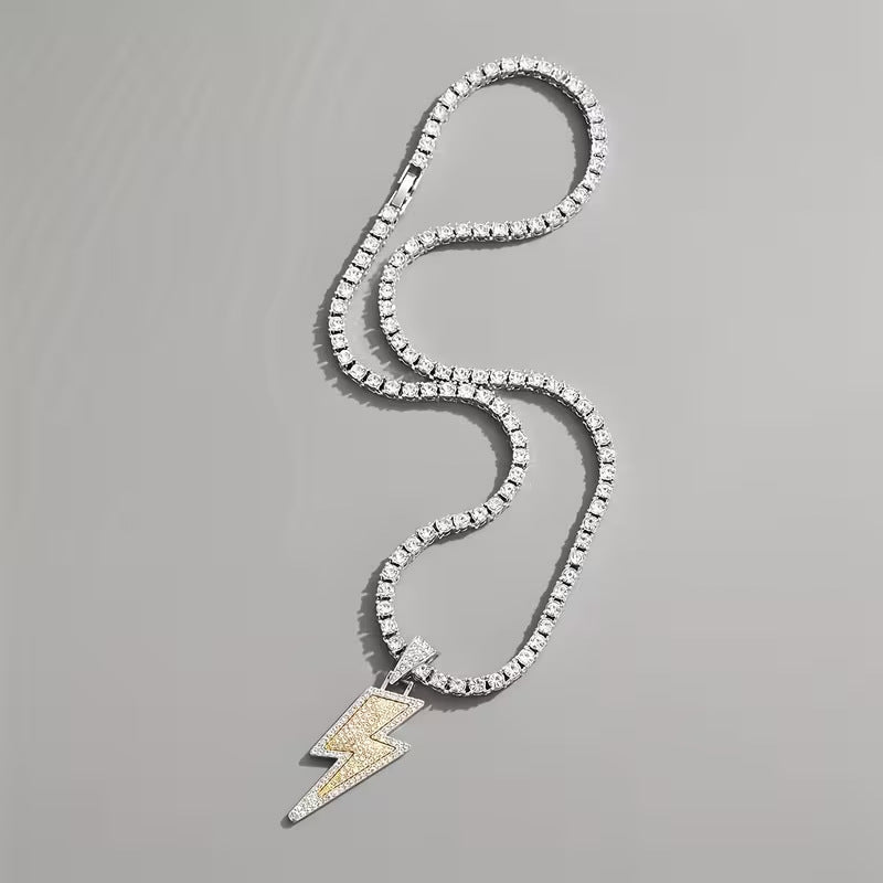 Two-tone Full Diamond Lightning Pendant Tennis Chain Necklace, Hip‑Hop Statement Jewelry