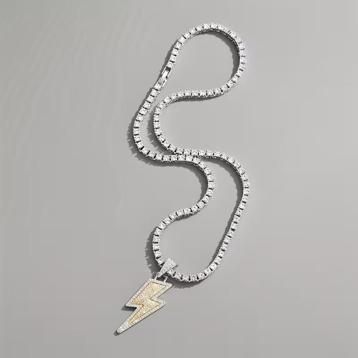Two-tone Full Diamond Lightning Pendant Tennis Chain Necklace, Hip‑Hop Statement Jewelry