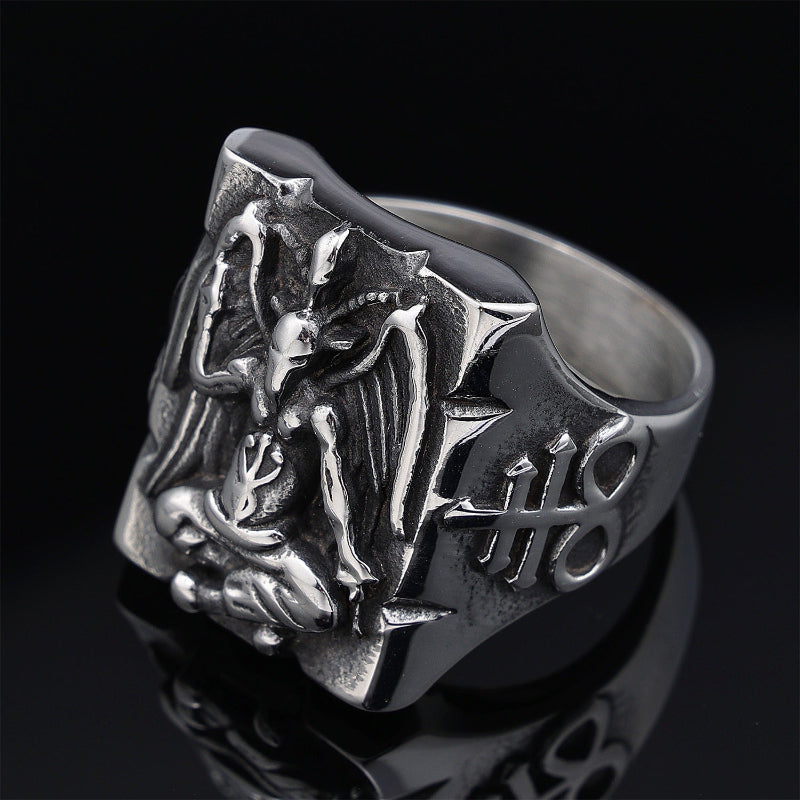 Vintage Baphomet Pentagram Signet Ring, Antique Oxidized Gothic Occult Men’s Statement Ring